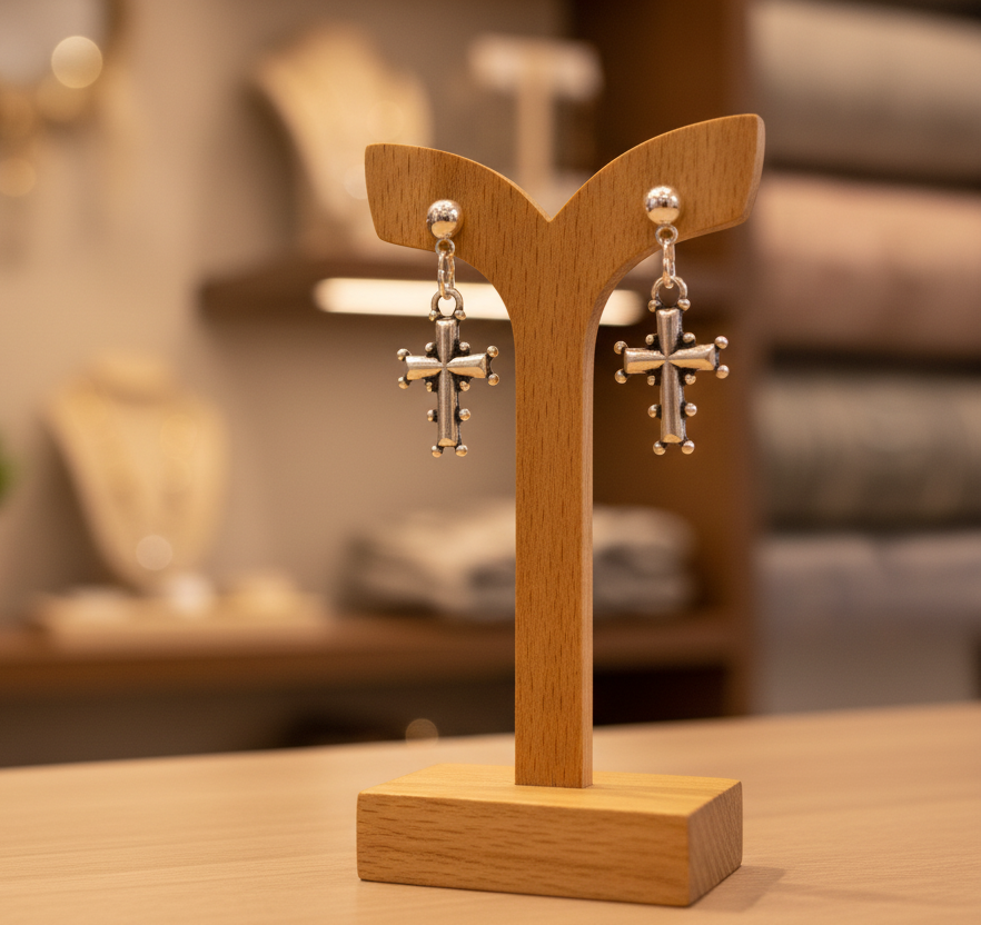 "Silver-Toned Cross Earrings with Embellishments."