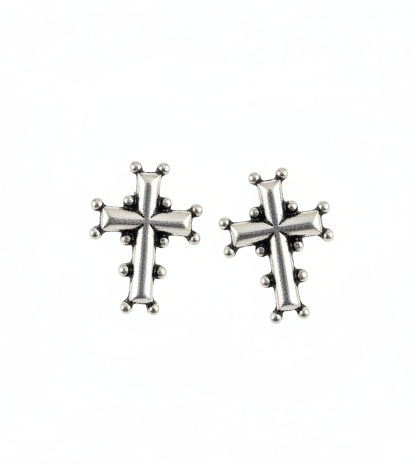 "Silver-Toned Cross Earrings with Embellishments."