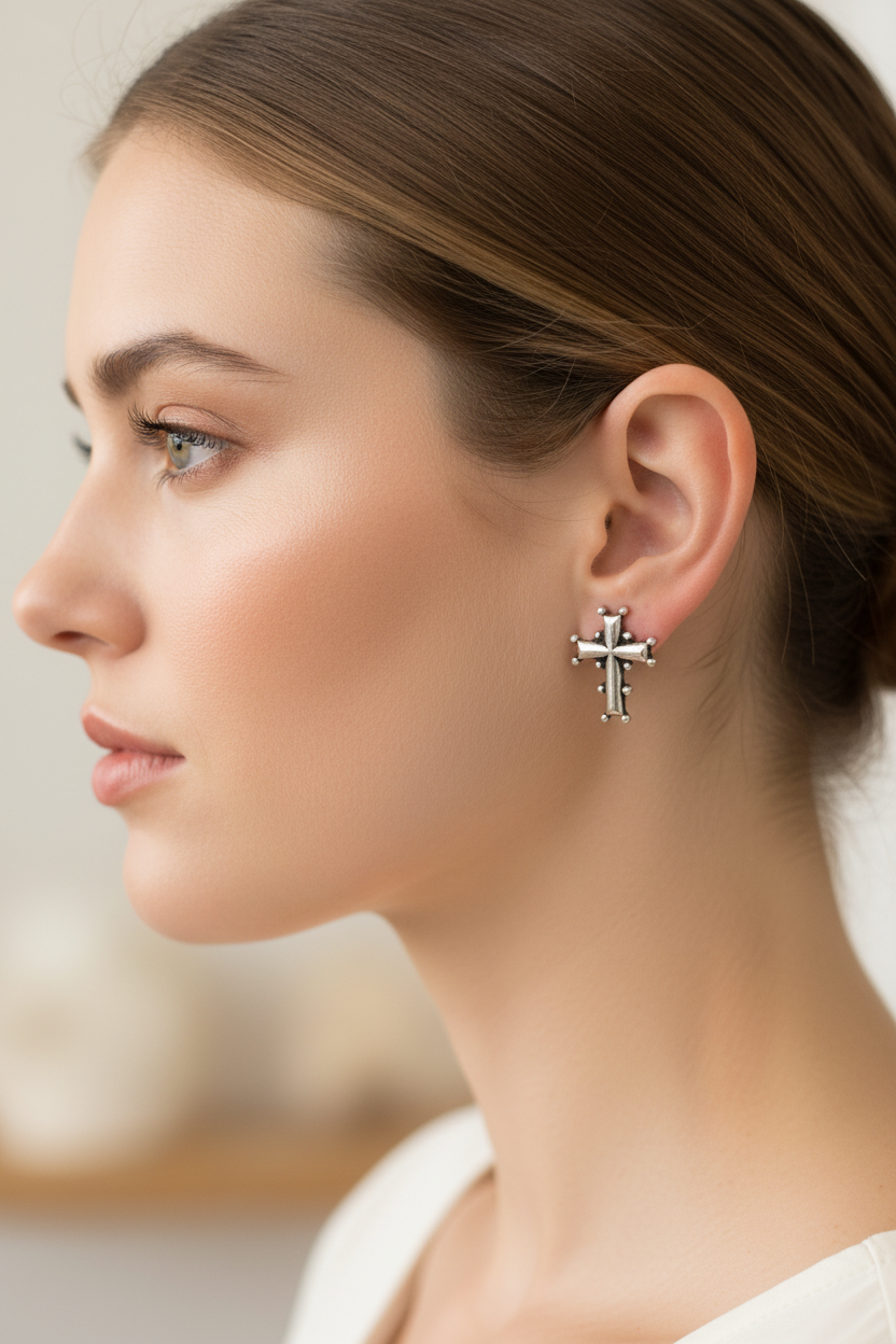 "Silver-Toned Cross Earrings with Embellishments."