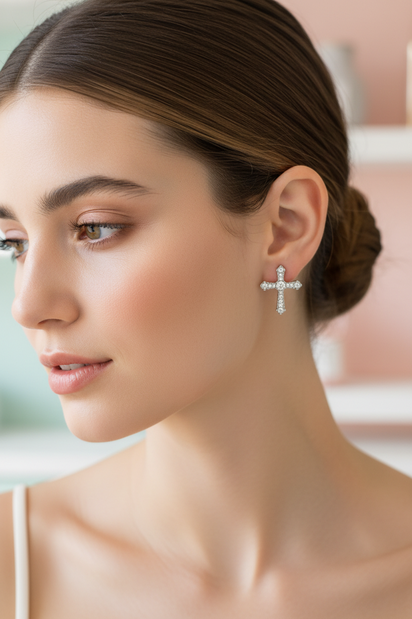 1. Shimmering Faith: Radiant Cross Stud Earrings (Hypoallergenic Titanium Post)