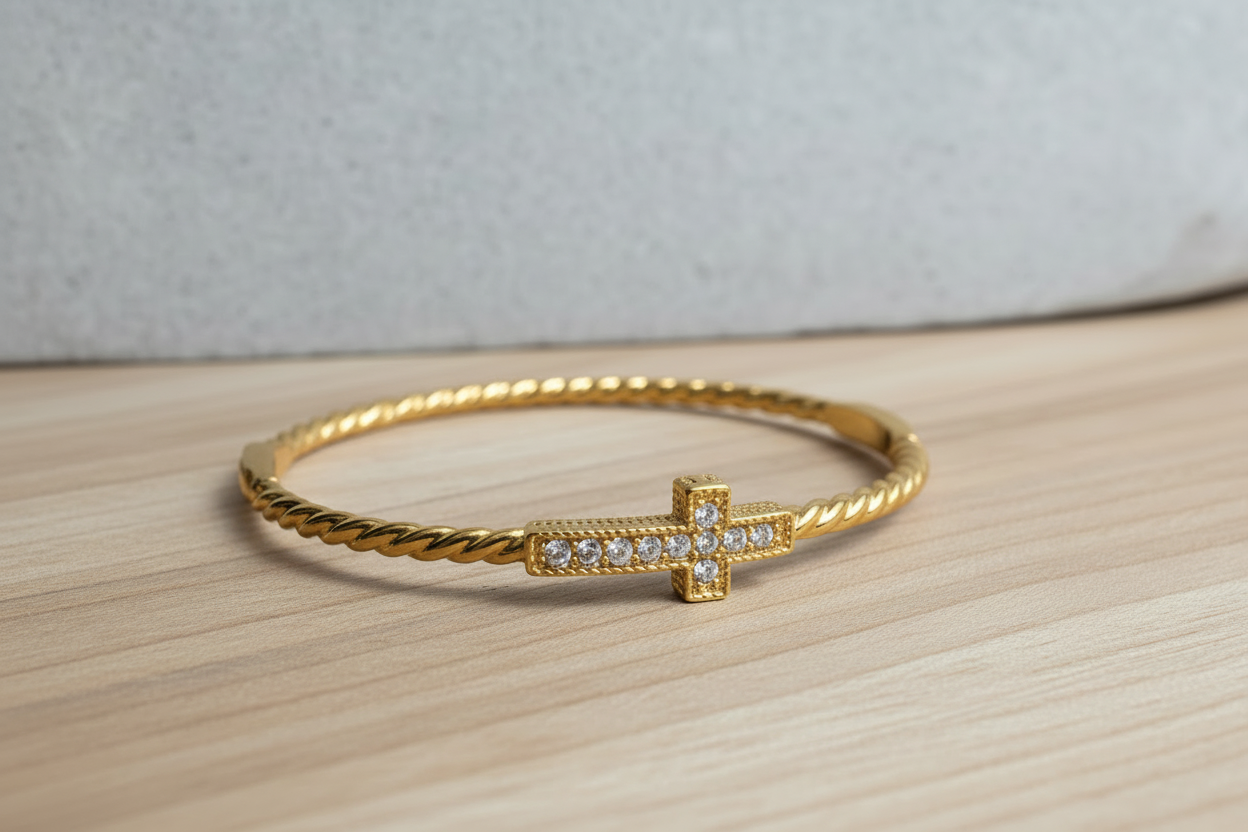 Gold Cable Cross Bangle Bracelet With Clasp (Cubic Zerconia)