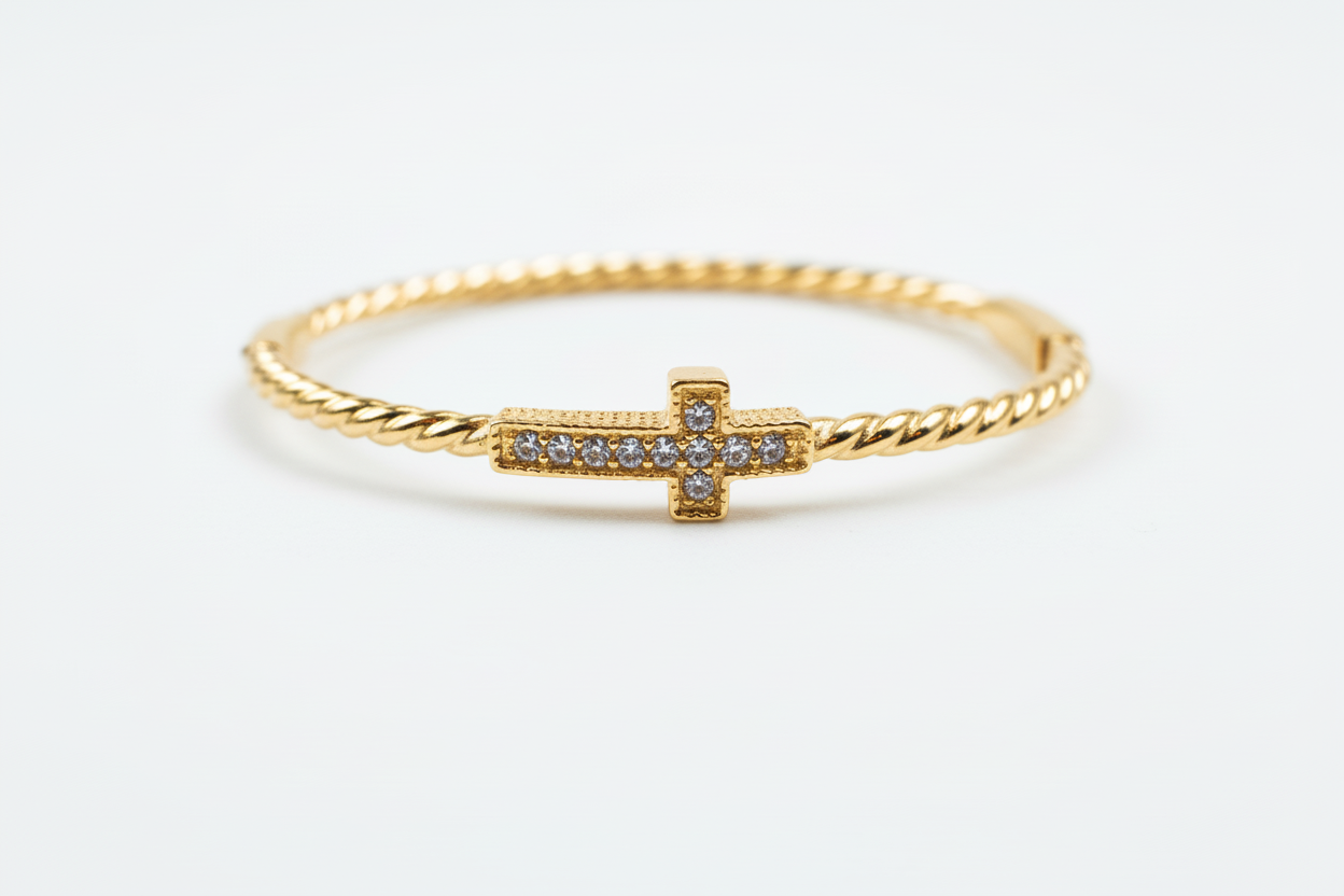 Gold Cable Cross Bangle Bracelet With Clasp (Cubic Zerconia)