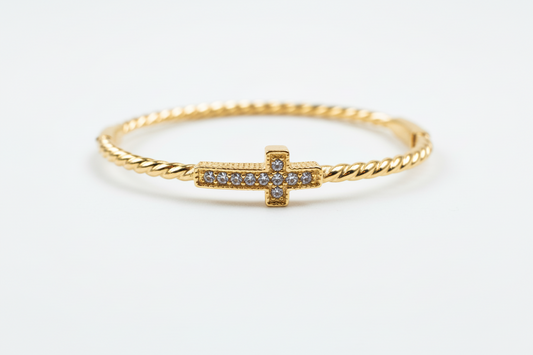 Gold Cable Cross Bangle Bracelet With Clasp (Cubic Zerconia)