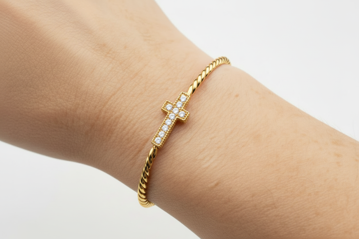 Gold Cable Cross Bangle Bracelet With Clasp (Cubic Zerconia)
