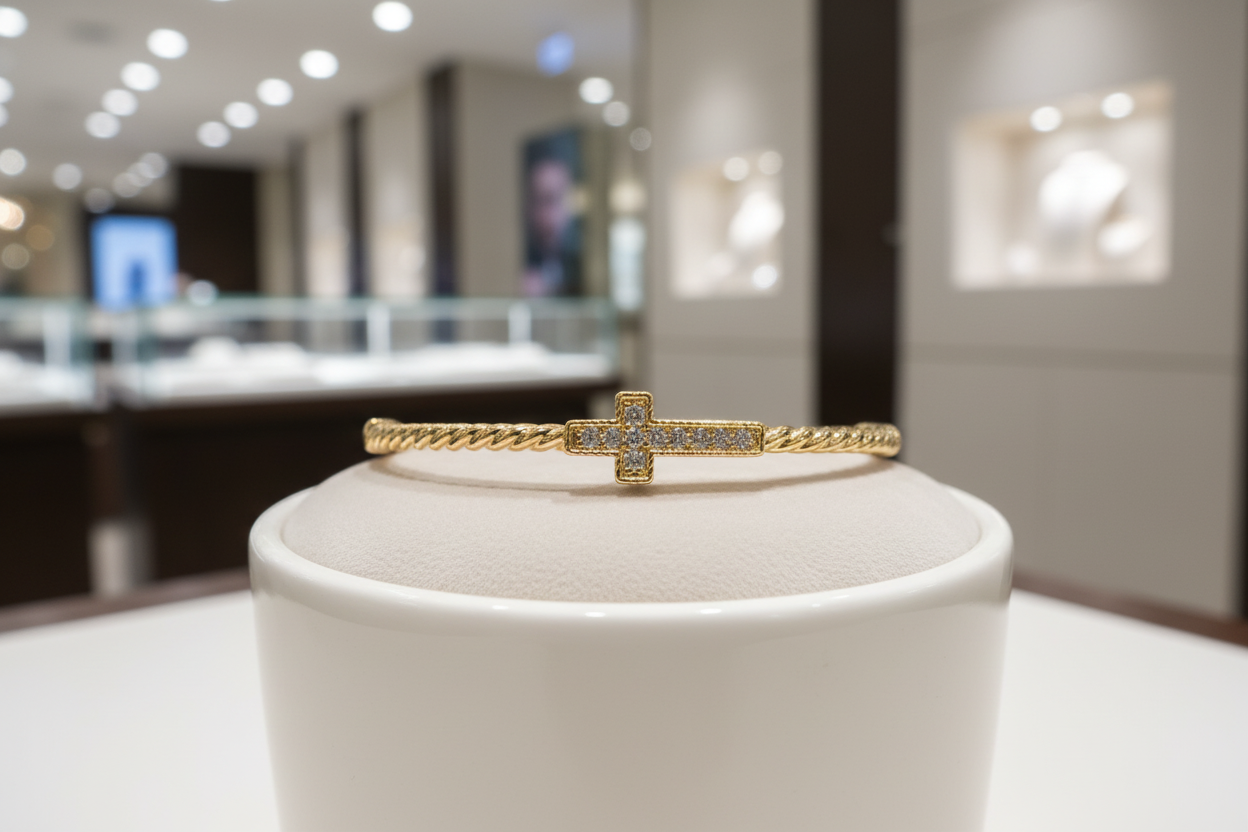 Gold Cable Cross Bangle Bracelet With Clasp (Cubic Zerconia)