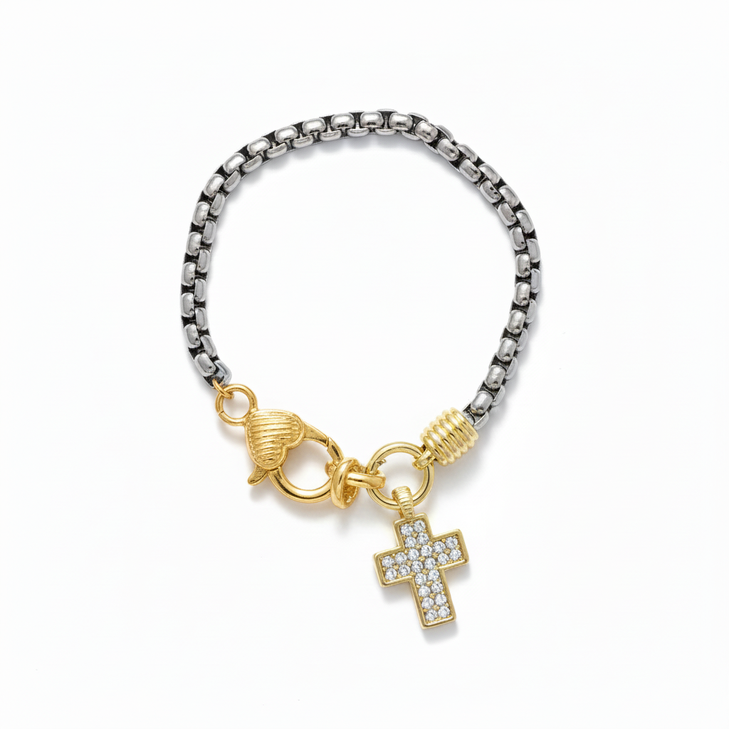 Two Tone Box Chain Cross/Heart Claw Clasp Bracelet Cubic Zerconia