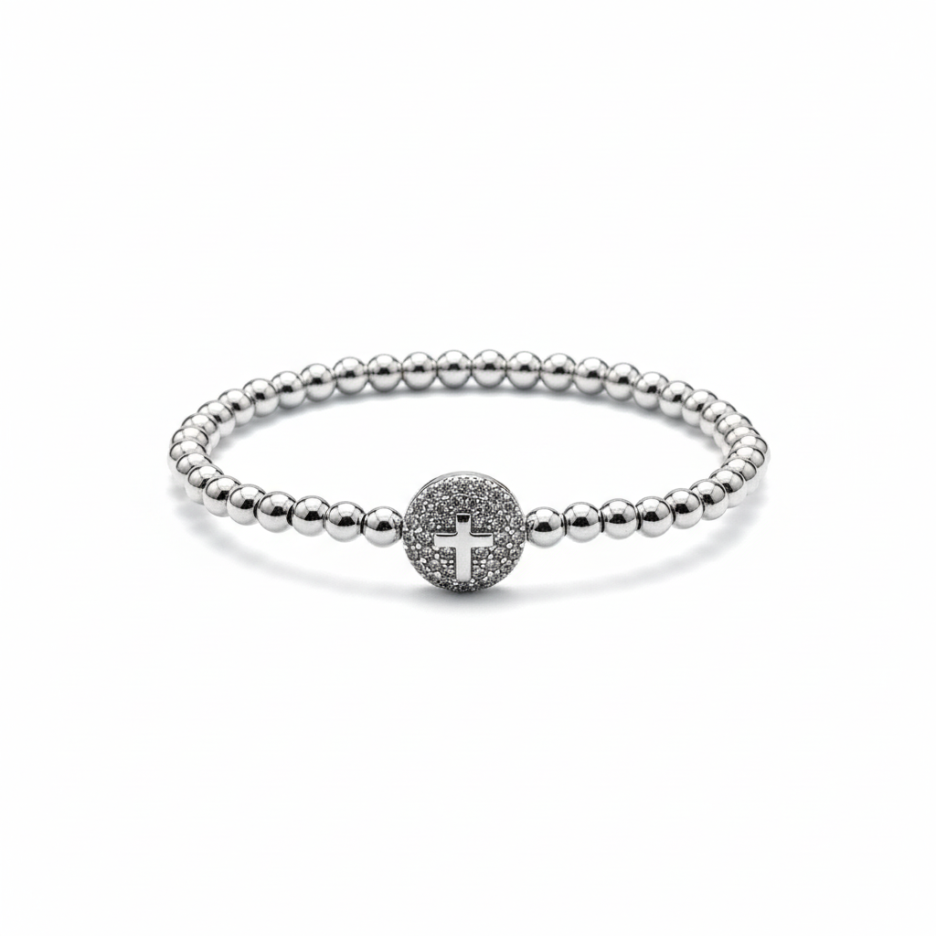 Silver Beaded Round Cross Bracelet Cubic Zerconia