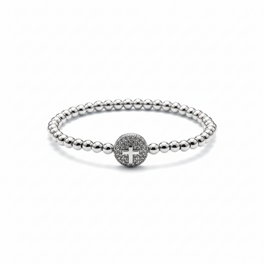 Silver Beaded Round Cross Bracelet Cubic Zerconia
