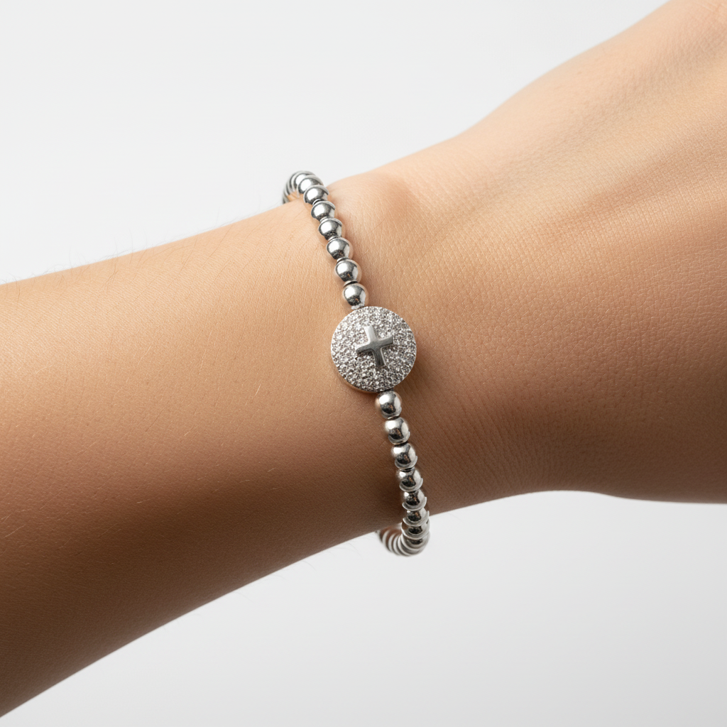 Silver Beaded Round Cross Bracelet Cubic Zerconia