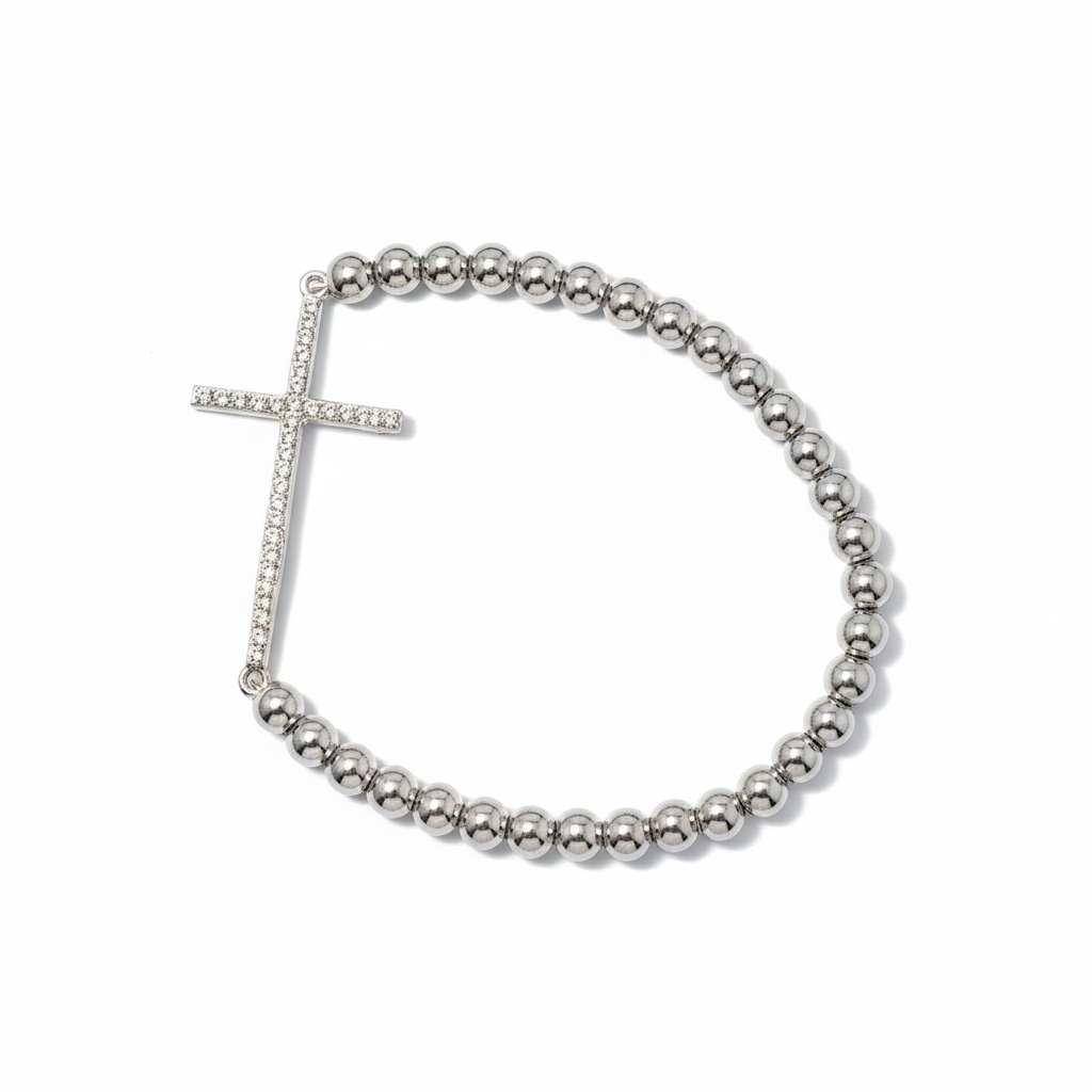 Silver Beaded Long Cross Bracelet Cubic Zerconia
