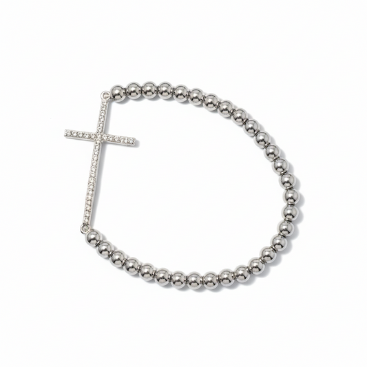 Silver Beaded Long Cross Bracelet Cubic Zerconia