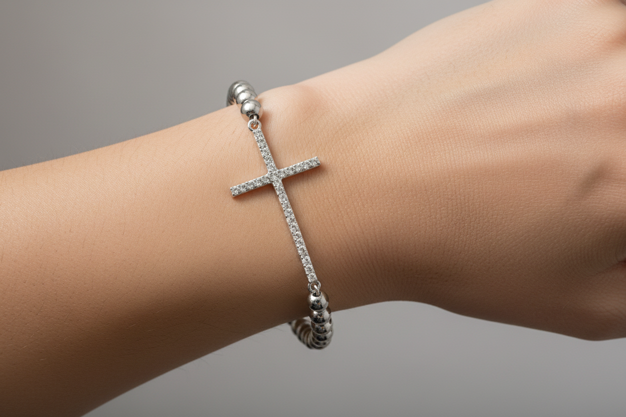 Silver Beaded Long Cross Bracelet Cubic Zerconia