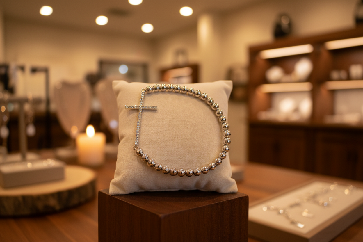 Silver Beaded Long Cross Bracelet Cubic Zerconia