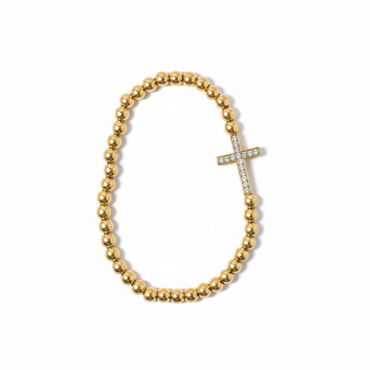 Gold Beaded Cross Bracelet Cubic Zerconia