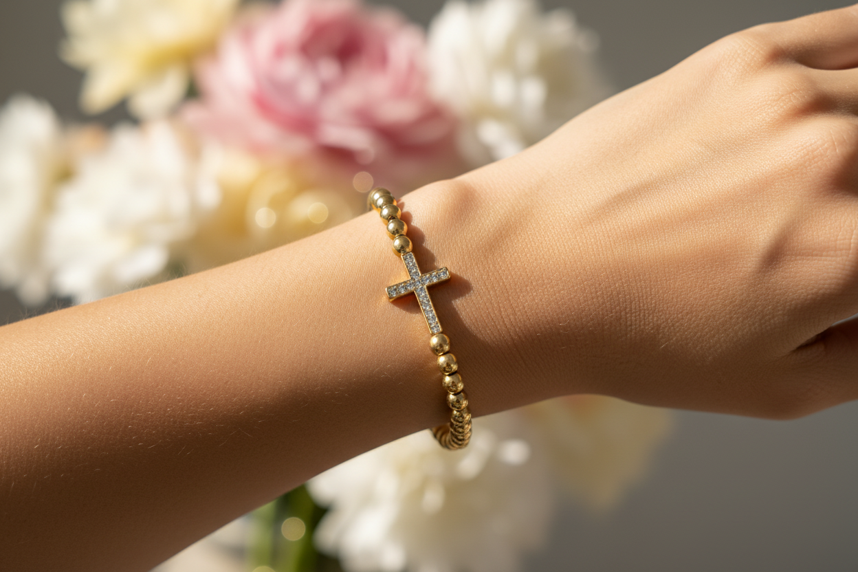 Gold Beaded Cross Bracelet Cubic Zerconia