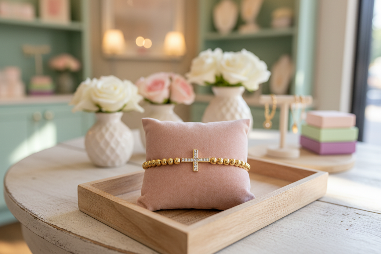 Gold Beaded Cross Bracelet Cubic Zerconia