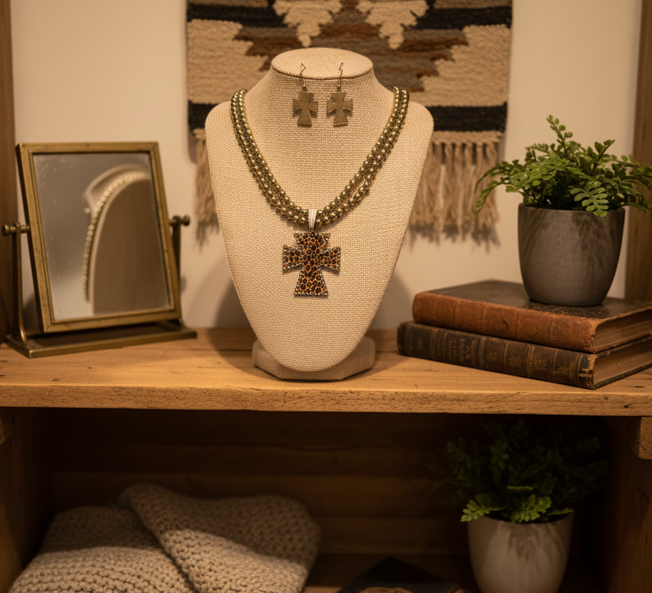 Gold Double Beaded Strand Leopard Cross Necklace & Earring Set