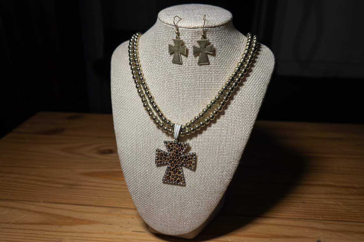 Gold Double Beaded Strand Leopard Cross Necklace & Earring Set