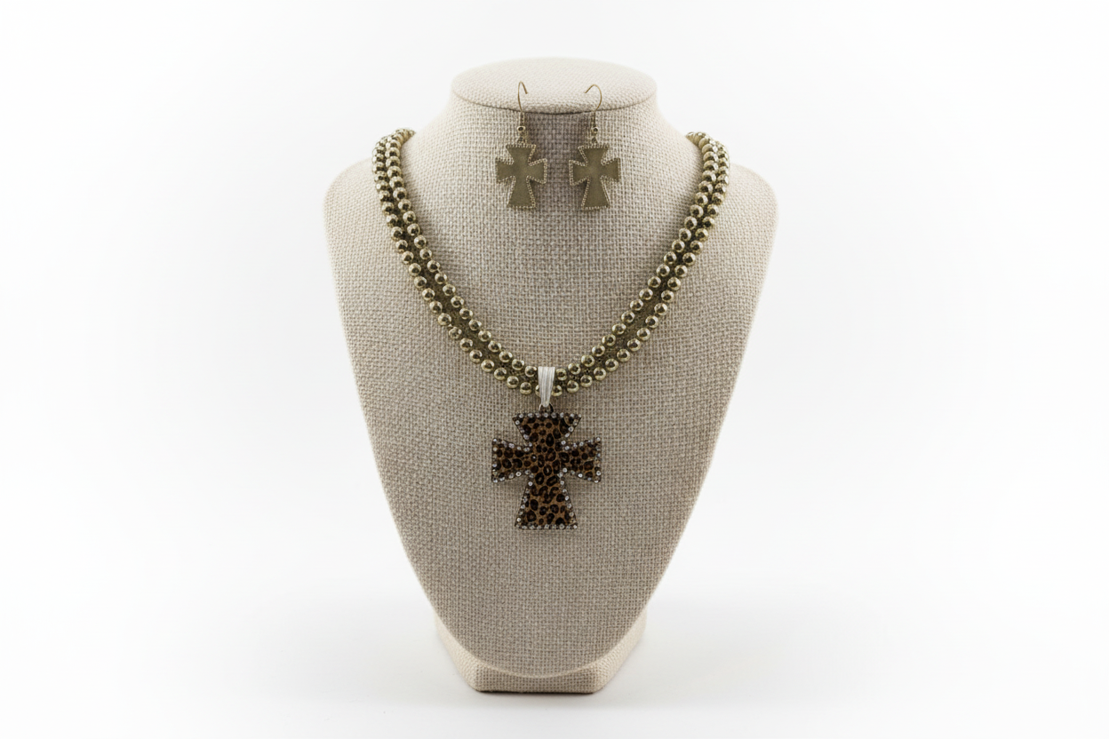 Gold Double Beaded Strand Leopard Cross Necklace & Earring Set
