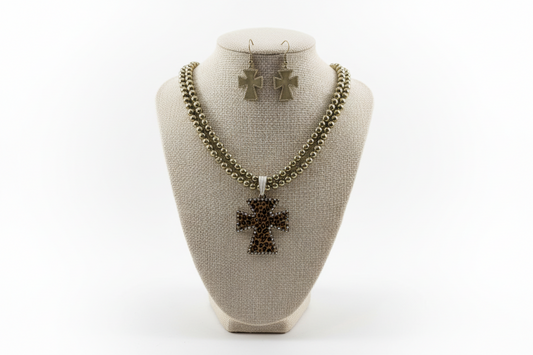 Gold Double Beaded Strand Leopard Cross Necklace & Earring Set