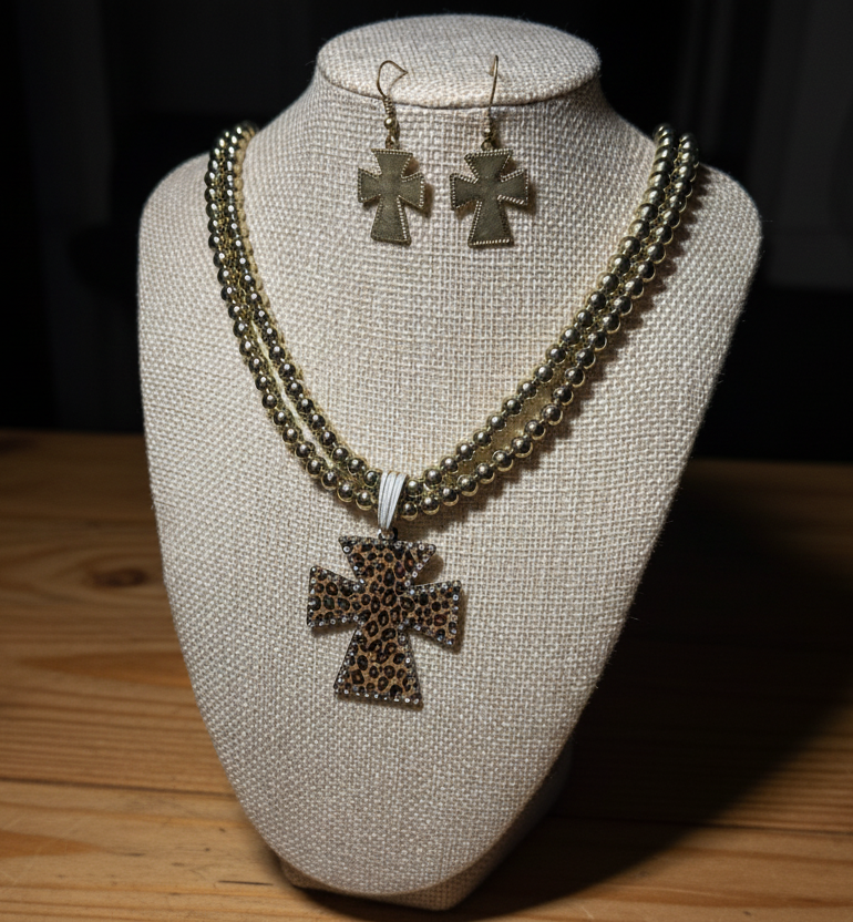 Gold Double Beaded Strand Leopard Cross Necklace & Earring Set