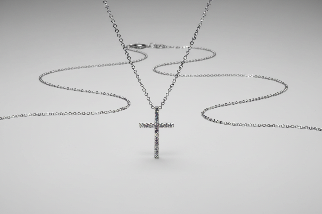 Silver Crystal‑Accented Cross Pendant Necklace