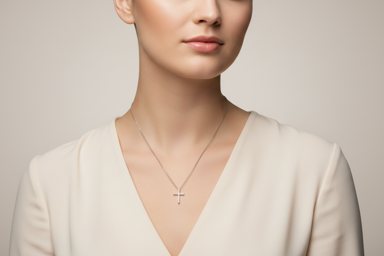 Silver Crystal‑Accented Cross Pendant Necklace