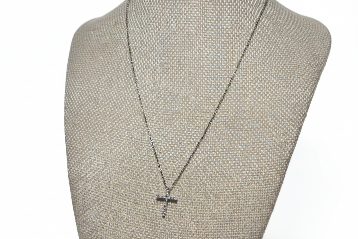 Silver Crystal‑Accented Cross Pendant Necklace