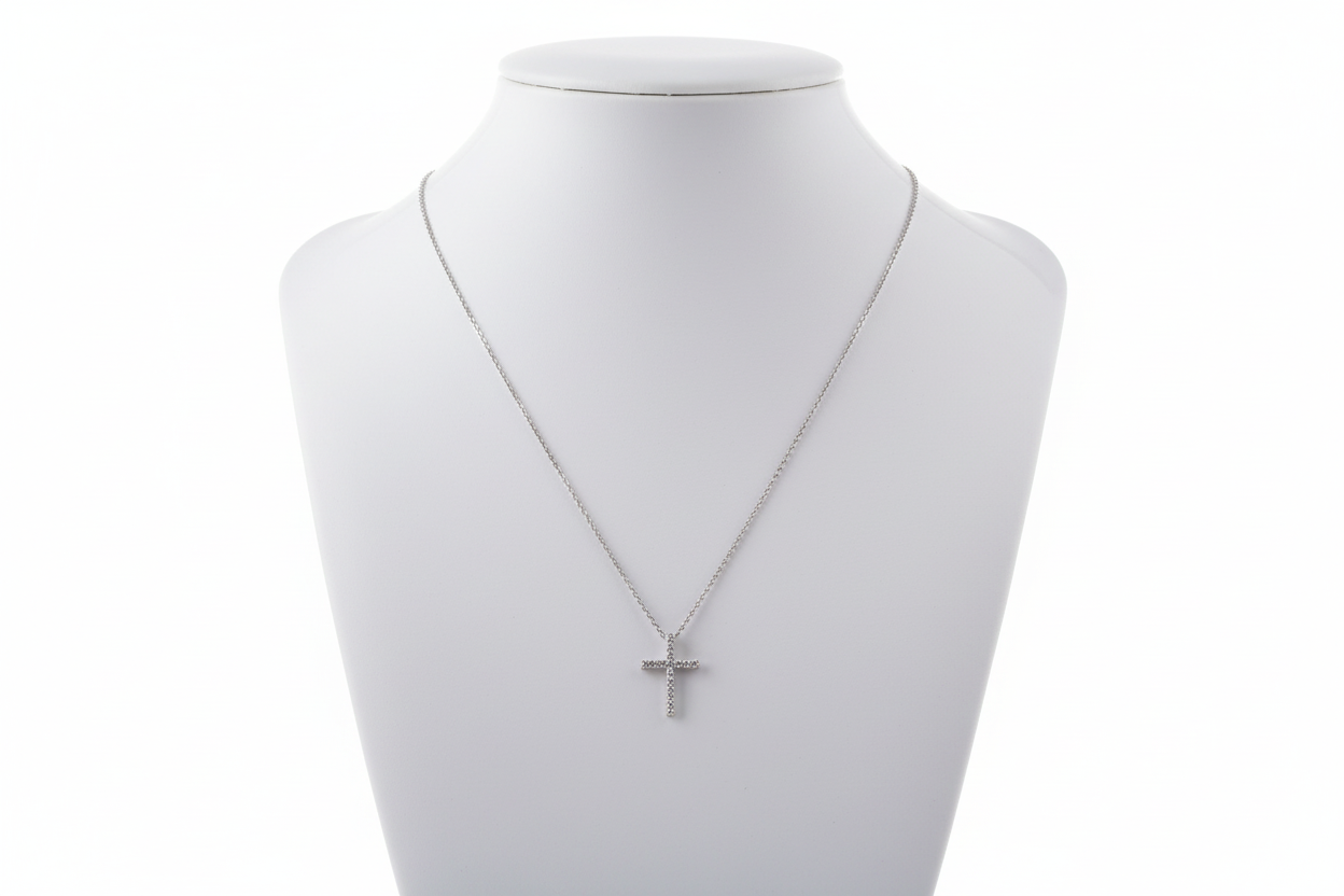 Silver Crystal‑Accented Cross Pendant Necklace