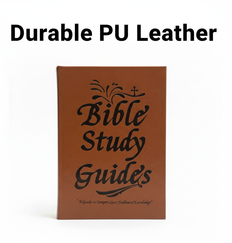 Brown Bible Study Guide with 'Durable PU Leather' text above