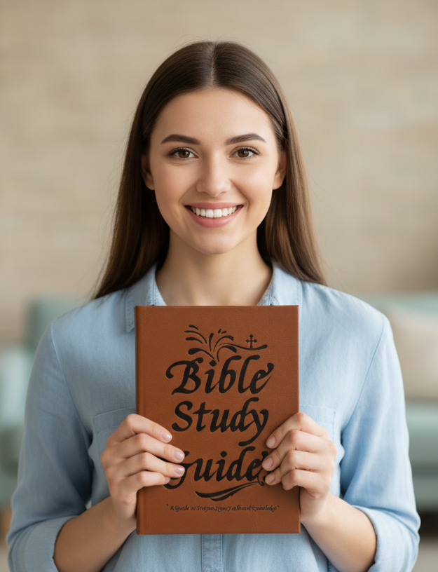 Woman holding a 'Bible Study Guide' book with a blurred background