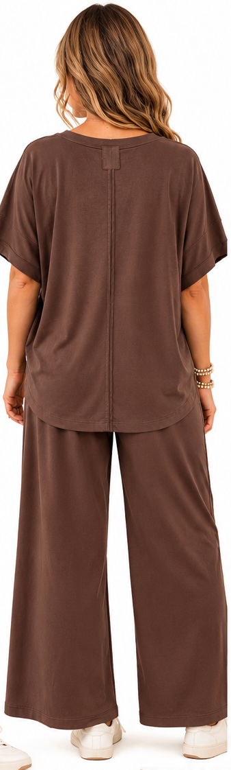 Everyday Comfort Wide-Leg Two-Piece Pant Set – Mocha