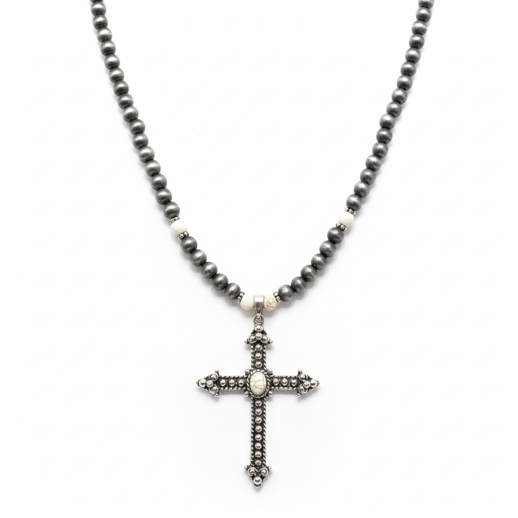 Polished Gray Stone Bead Necklace with Marbled-Cream Inset Cross Pendant