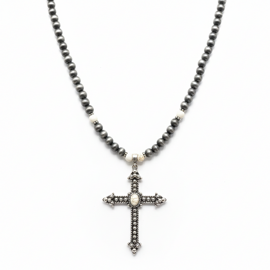Polished Gray Stone Bead Necklace with Marbled-Cream Inset Cross Pendant