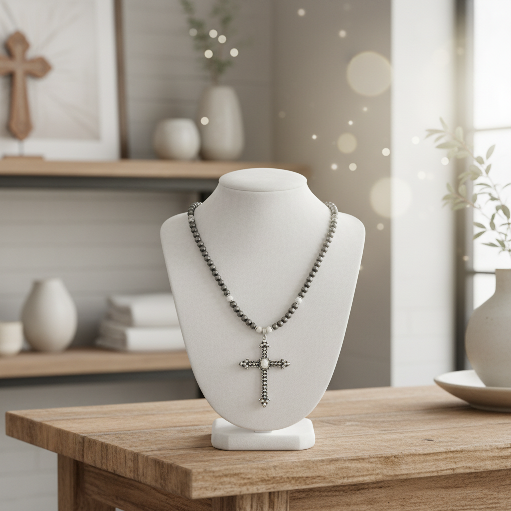Polished Gray Stone Bead Necklace with Marbled-Cream Inset Cross Pendant