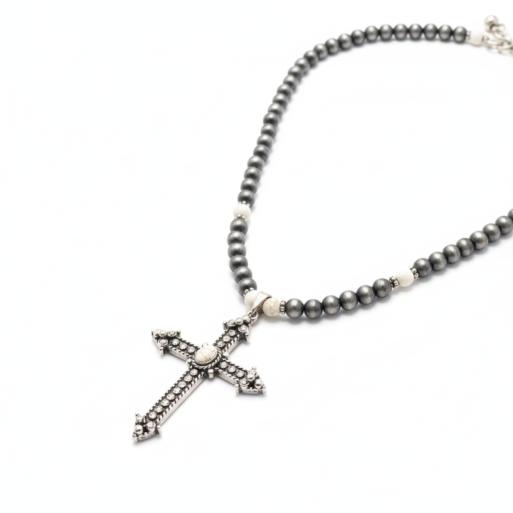 Polished Gray Stone Bead Necklace with Marbled-Cream Inset Cross Pendant