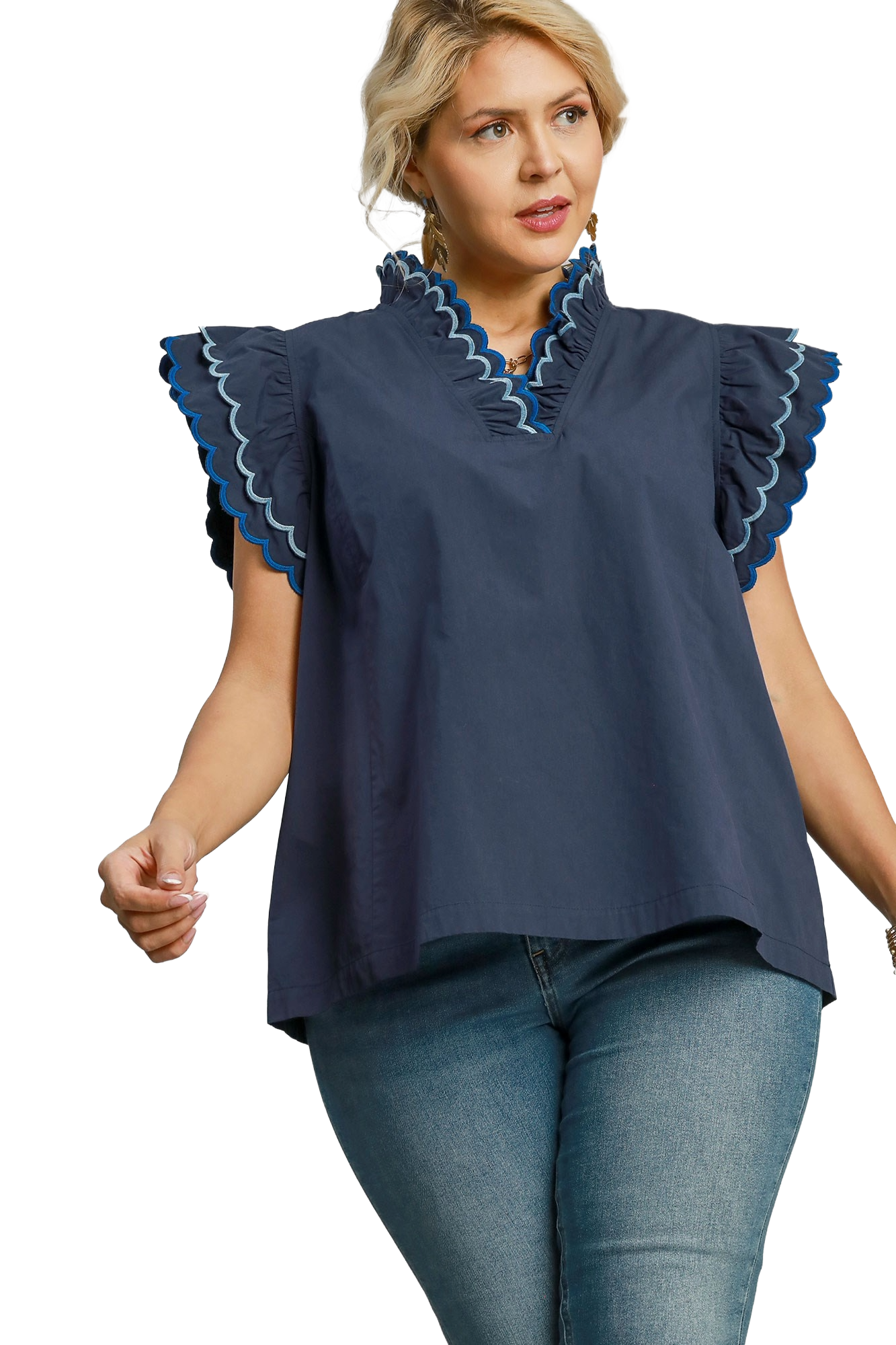 Plus Scalloped Neckline And Sleeved Top
