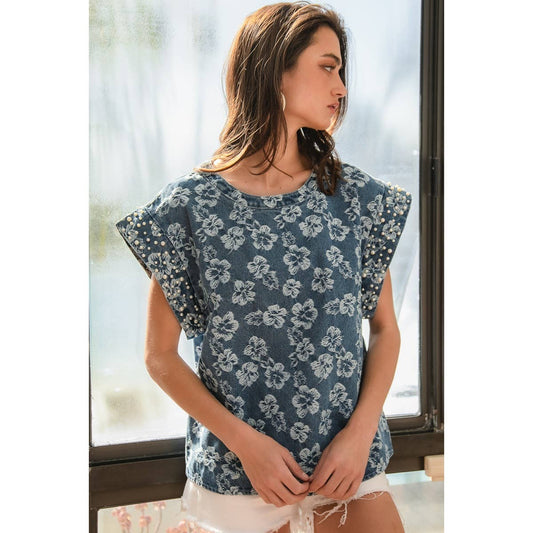 WASHED FLORAL TEXTURE DENIM AND PEARL TOP