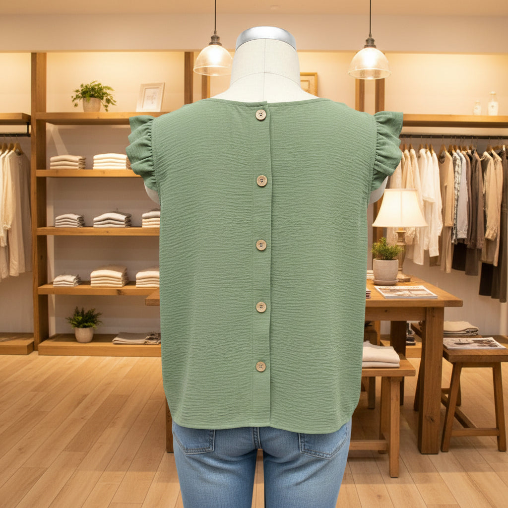 Sage green sleeveless top with ruffled sleeves on a mannequin against a white background
