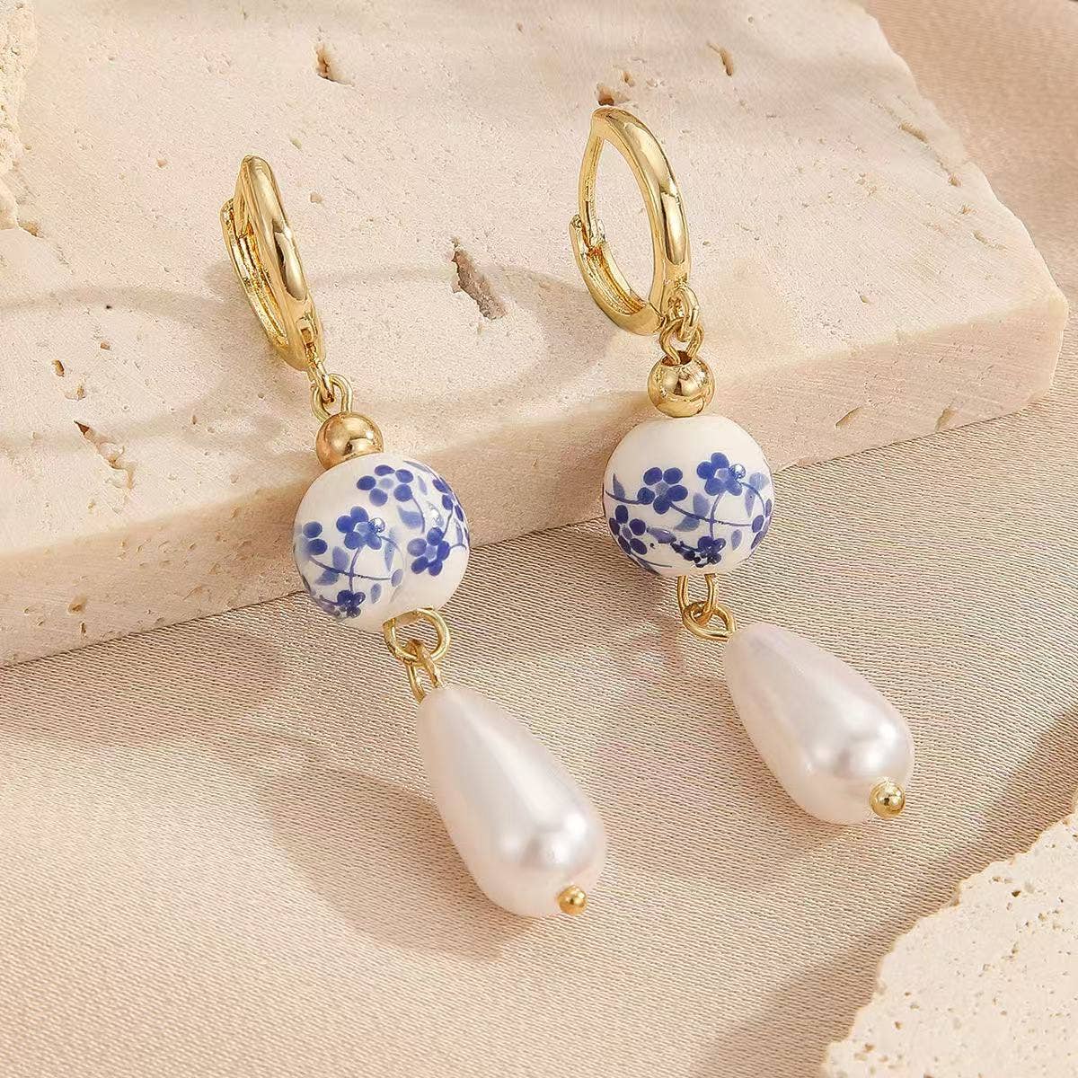 Drop and Dangle Pearl and Chinoiserie Style Earrings