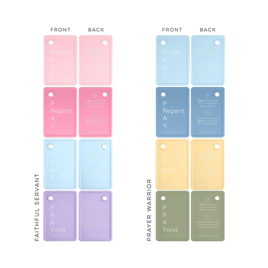 Set of colorful prayer cards with text on a white background