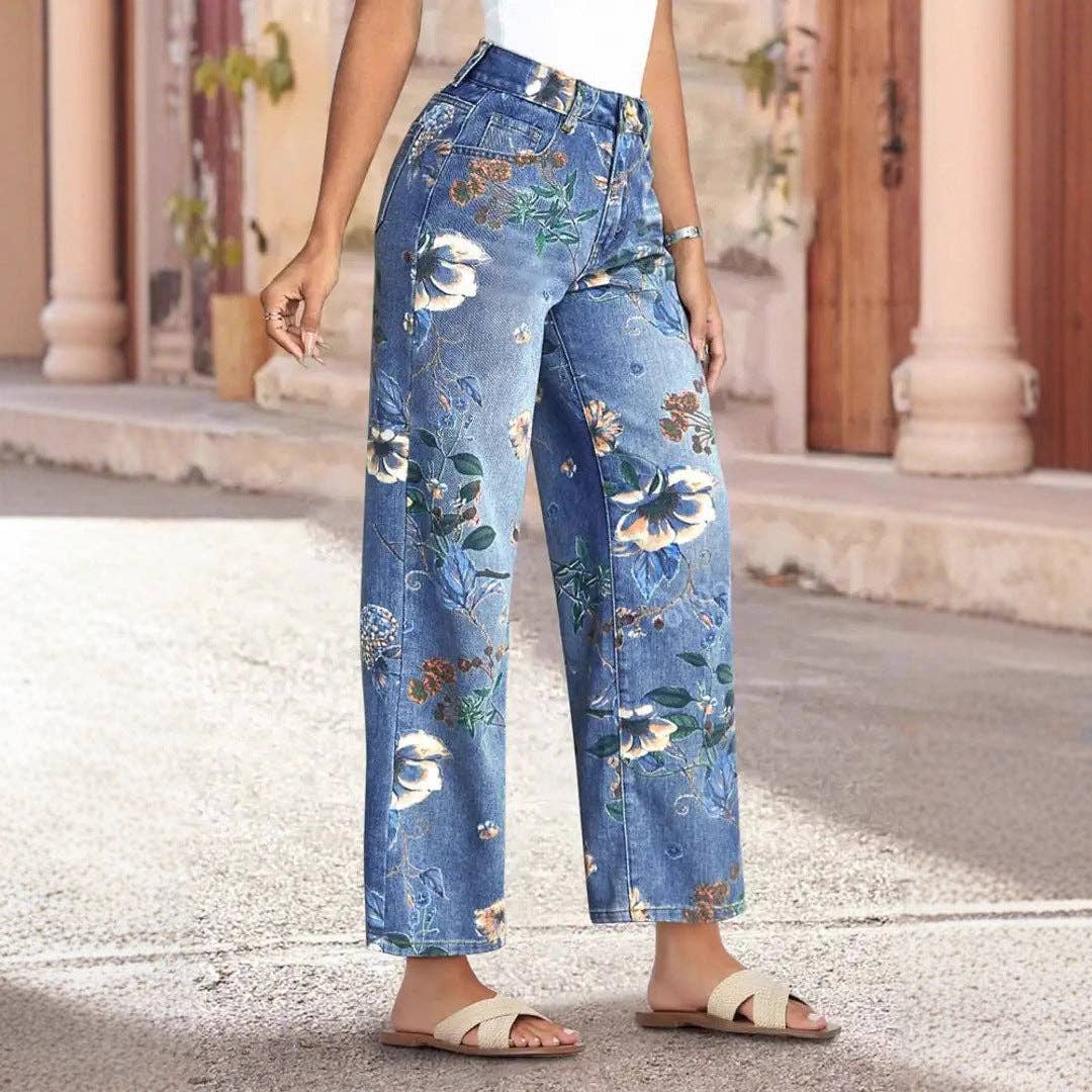 Floral Print High Waist Wide Leg Denim Jeans