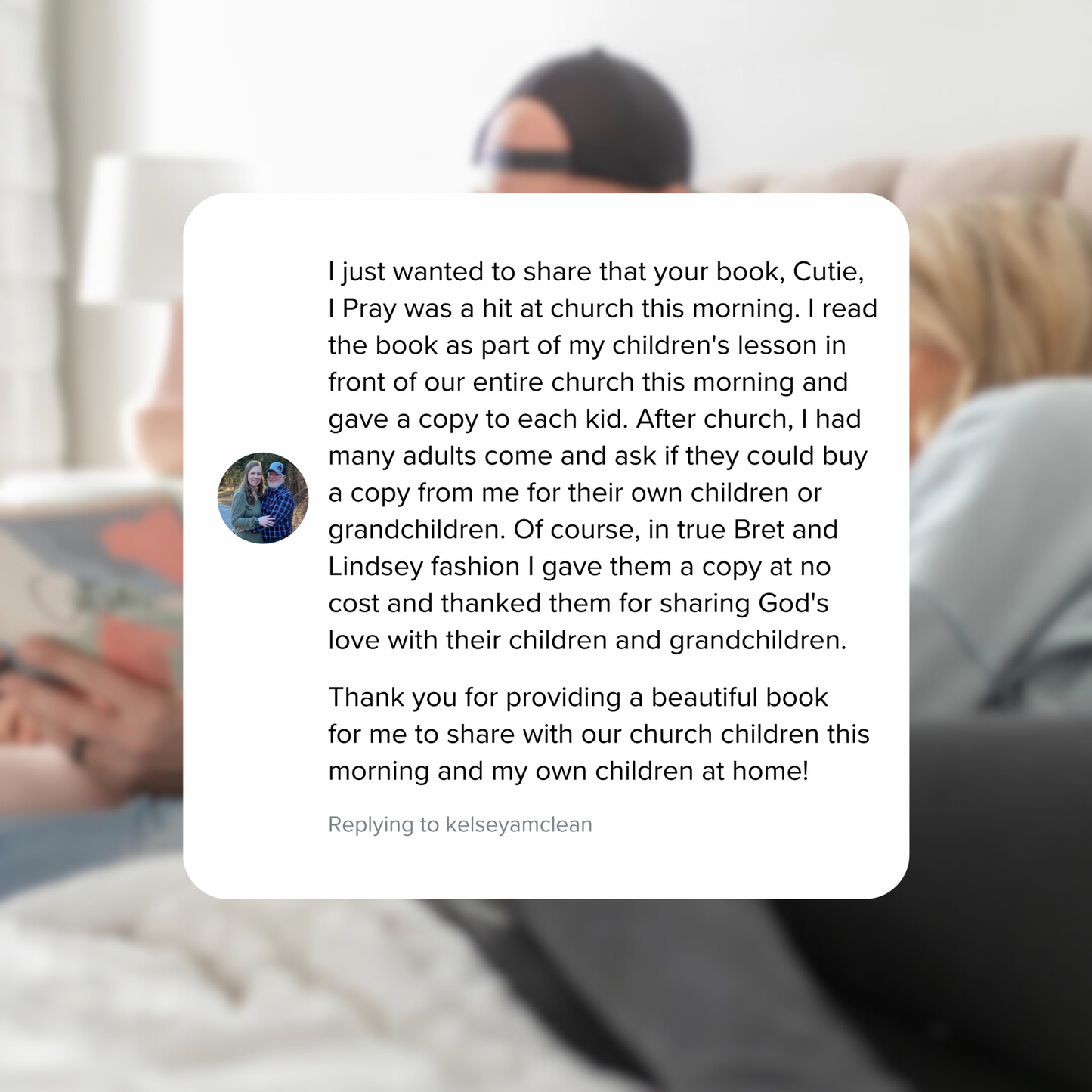 Text message on a white background with two people sitting on a couch.