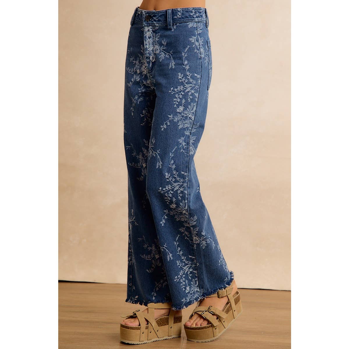 VINTAGE FLORAL VINE PRINT WIDE LEG JEANS