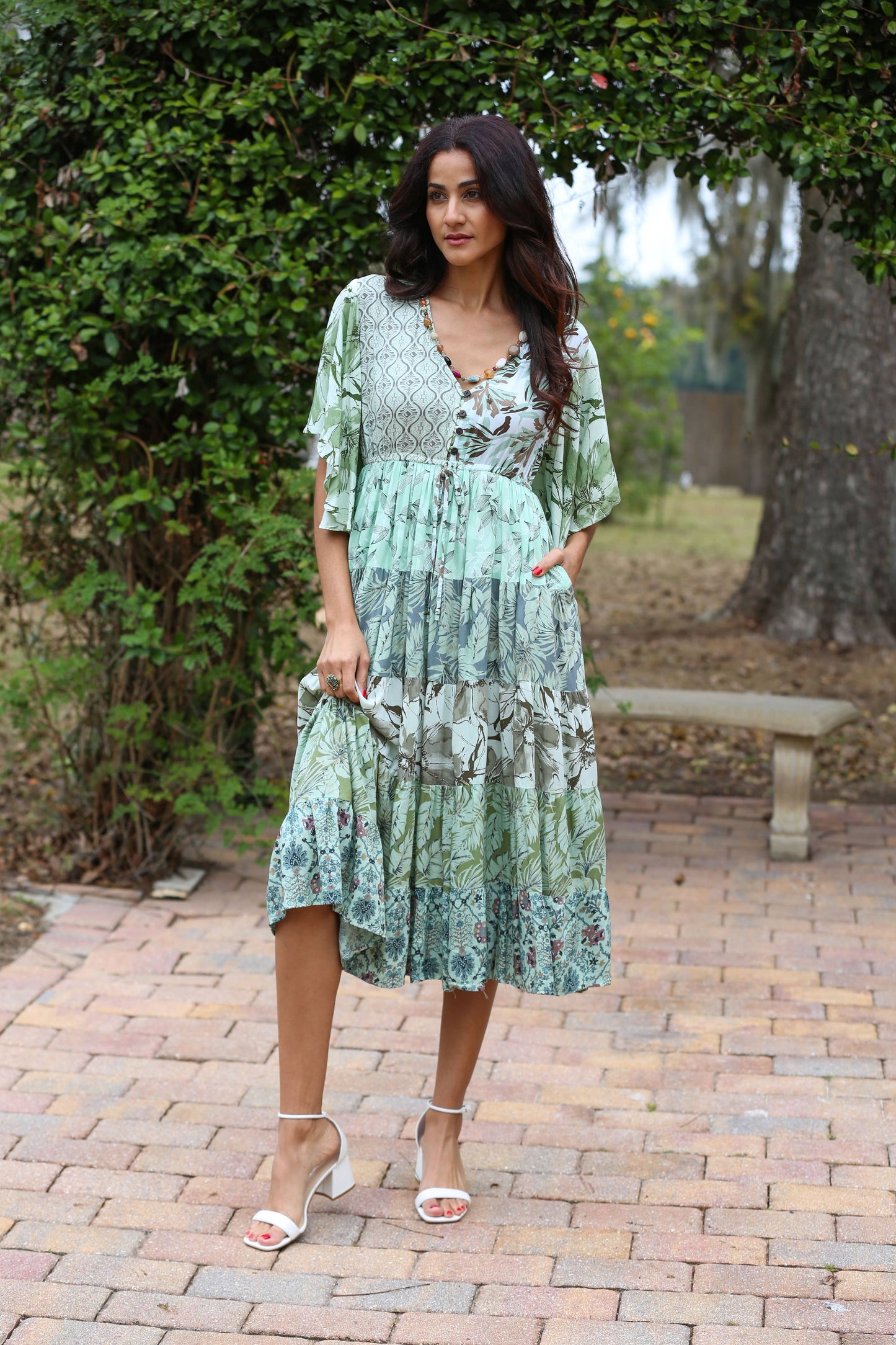 Flutter Sleeve Boho Dress: Mint Meadow Patchwork