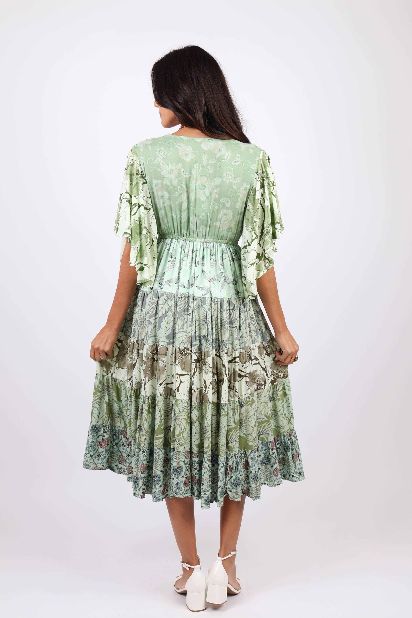 Flutter Sleeve Boho Dress: Mint Meadow Patchwork