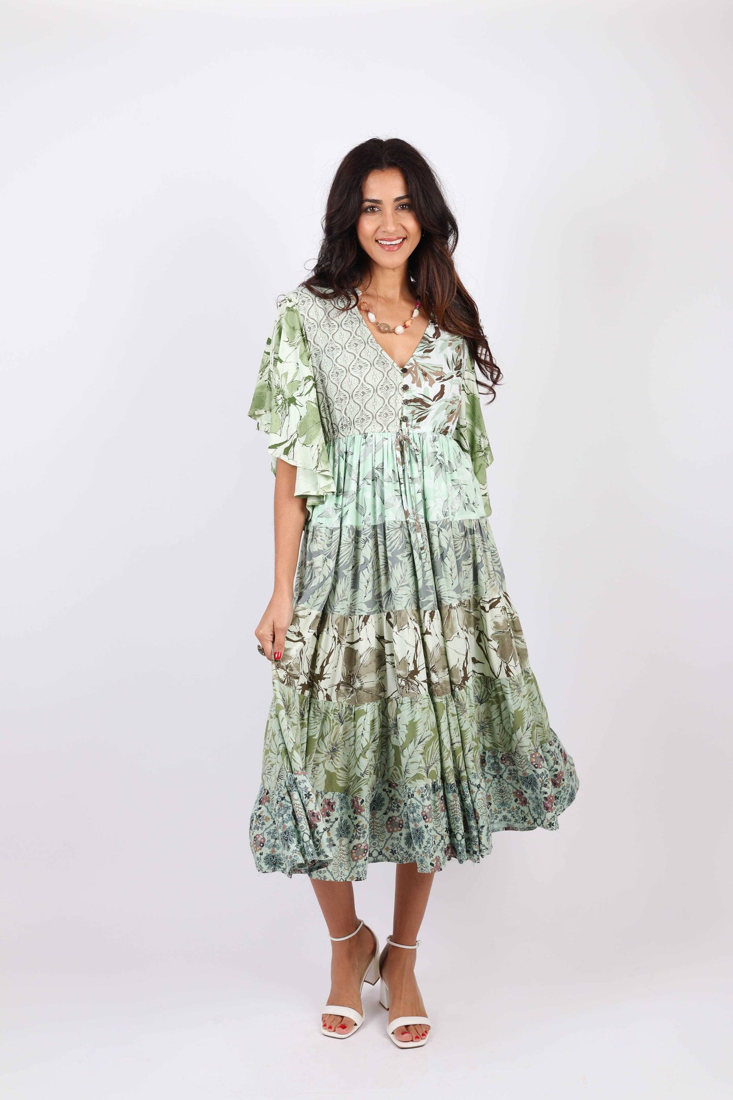 Flutter Sleeve Boho Dress: Mint Meadow Patchwork
