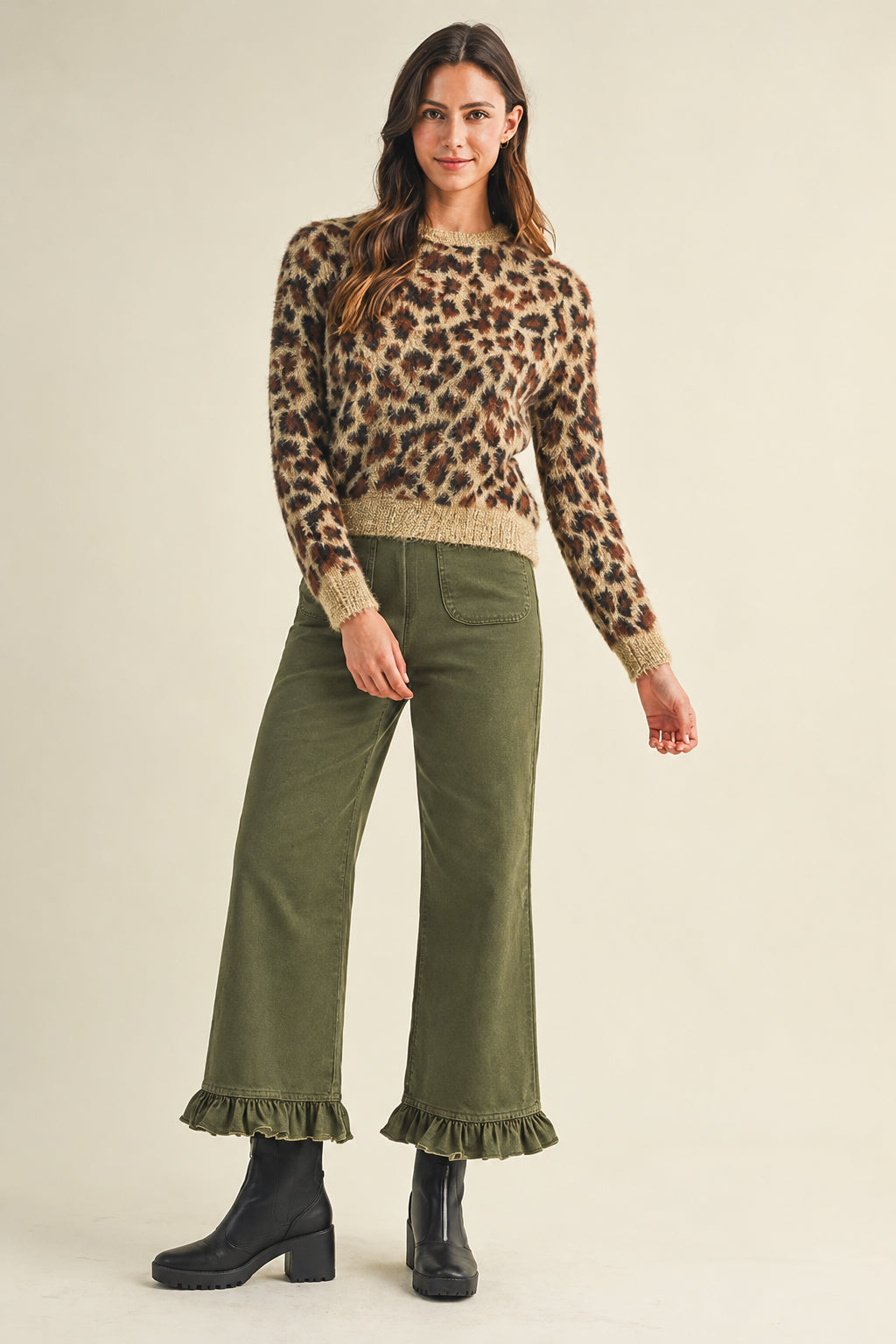 Stretch Front Pocket Ruffle Hem Twill Pants