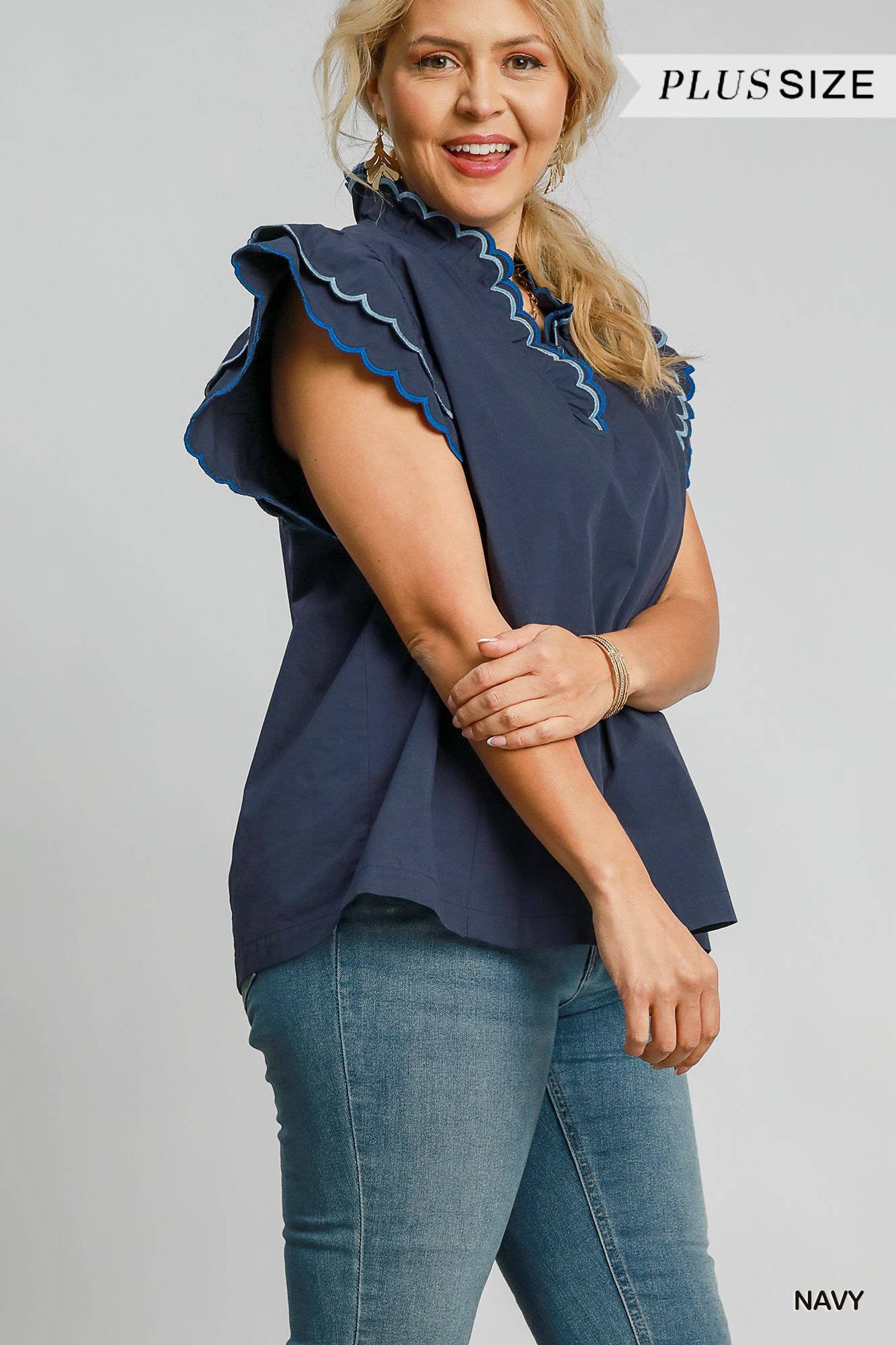 Plus Scalloped Neckline And Sleeved Top