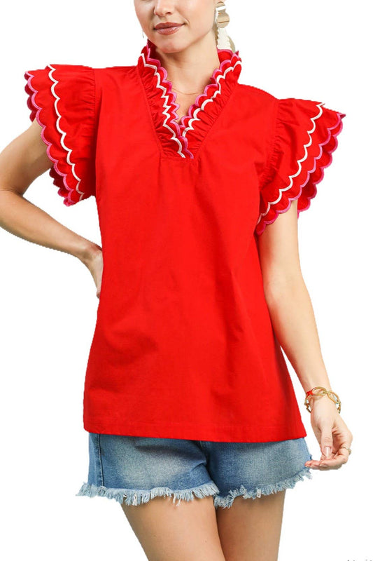 Scallop Trim Ruffle Sleeve Top